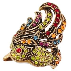 Signed Heidi Daus Bird of Paradise Figural Ring Colorful Swarovski Y2K Size 7